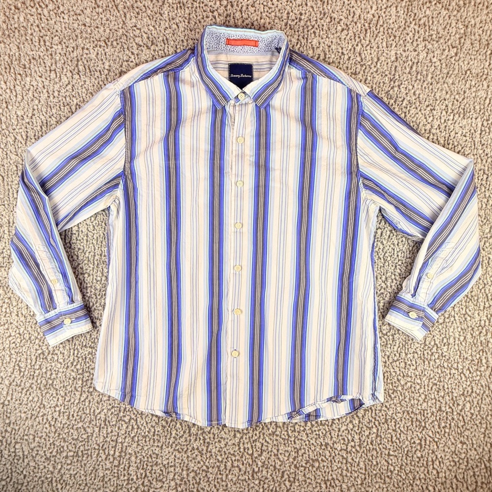 Tommy Bahama Mens XL Silk Cotton Striped Button Shirt Blue Long Sleeve. READ